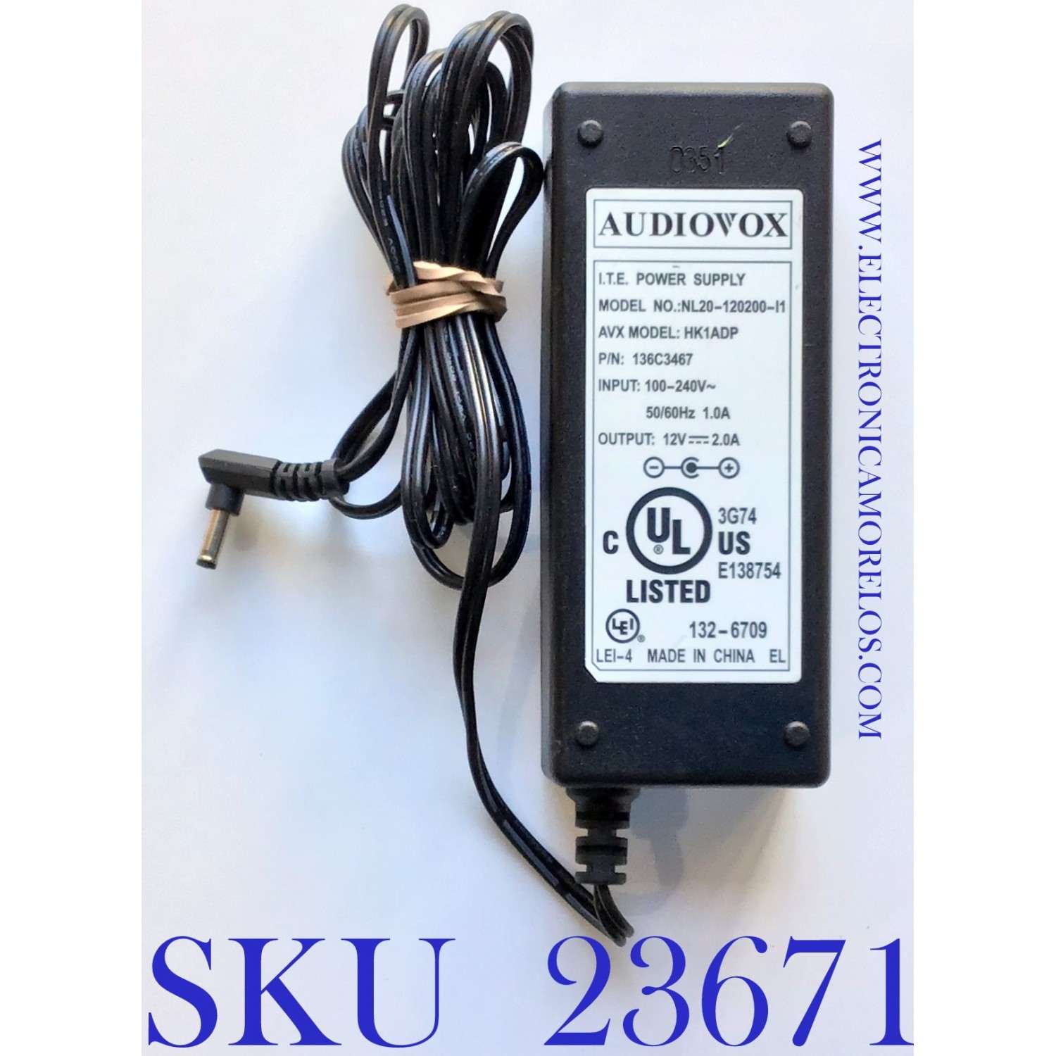 ADAPTADOR AUDIOVOX VCA HK1ADP / NUMERO DE PARTE 136C3467 / MODELO NL20-120200-I1 / 3G74 / 132-6709 / AVX MODEL HK1ADP / LEI-4 /  ENTRADA VCA 100-240V～50-60Hz / SALIDA VCD 12V-2A 	